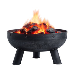 Dark metal fire bowl with burning coals.  Fiery flames rise from glowing embers in a round, shallow bowl.  The bowl rests on three sturdy, dark metal legs.  Isolated on black background