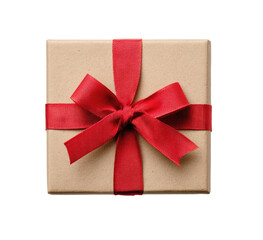 A square, kraft paper gift box, topped with a vibrant red ribbon and bow