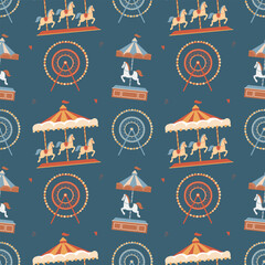 A seamless pattern with an amusement park on a dark background. A carousel with horses and a Ferris wheel on a blue background. A cartoon vector background with an amusement fair in a flat style. © Anastasiia