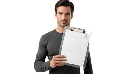 Man holding a clipboard with text isolated on transparent background