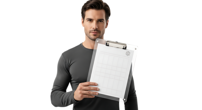 Man holding a clipboard with text isolated on transparent background