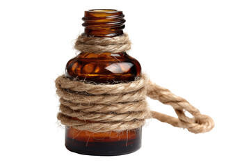 Amber glass bottle, tightly wrapped with natural rope, a small loop of rope extends from the top