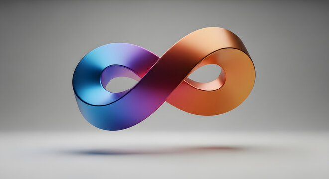 A vibrant metallic infinity symbol with a gradient of blue purple and orange colors floating in a clean studio environment casting a subtle shadow