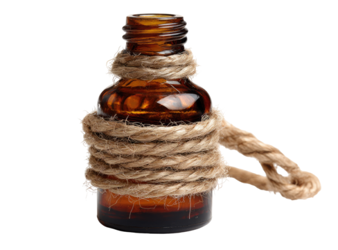 Amber glass bottle, tightly wrapped with natural rope, a small loop of rope extends from the top