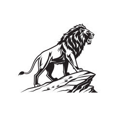 Majestic Lion Standing on Rock – Black and White Tribal Style Illustration
