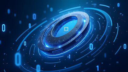 Abstract digital art featuring a glowing ring with binary code on a blue backdrop