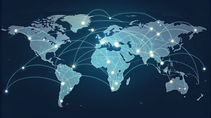 Glowing, minimalist world map on a dark background showing a global network of connections, ideal for themes of internet, technology, and communication.