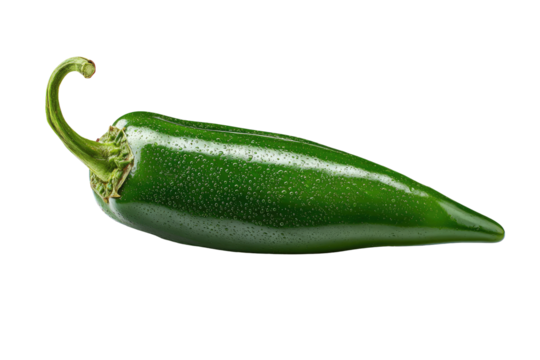 Close-up of a vibrant green jalape?o pepper, its smooth skin showcasing subtle white stripes and a slightly bumpy texture.  The pepper's stem end curves upward, and the pepper is angled to the right