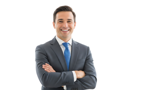 Smiling businessman with arms crossed isolated on transparent background