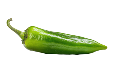 Close-up of a vibrant green chili pepper, whole and isolated against a black background.  Its elongated shape and smooth skin are clearly visible.  The pepper's stem end is slightly curved
