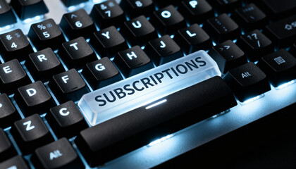 Close-up of a glowing keyboard with a highlighted key labeled "SUBSCRIPTIONS" in bold text