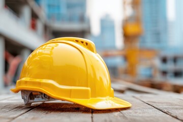 Protective yellow helmet on a blurred building construction site background. Close-up safety hard hat with partially built house. Planning and construction management. Engineers supervising. Labor Day