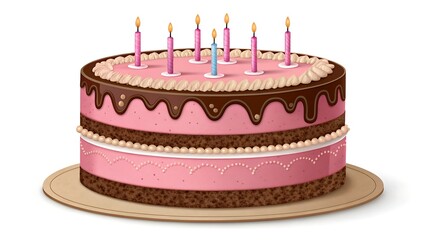 Elegant 3D Birthday Cake with Chocolate Layers, Pink Icing, and Decorative Candles Vector Design