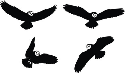 Flying owl vector illustration set, elegant night bird silhouette collection for wildlife design, nature artwork, and forest animal concept