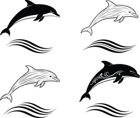 Jumping dolphin vector illustration set, ocean marine animal design for logo, tattoo, sea life, and aquatic wildlife artwork collection