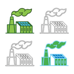 Green factory with solar panels and leaf shaped smoke representing eco friendly industry