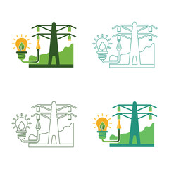 Four illustrations of a power pylon connected to a glowing lightbulb on a green landscape