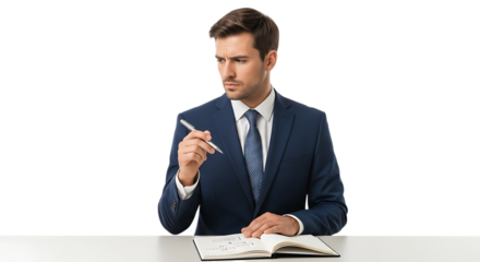 Thoughtful businessman holding pen, sitting at desk with notebook, isolated on transparent background