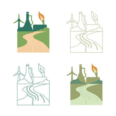Set of four illustrations depicting industrial landscape with wind turbines and smokestacks