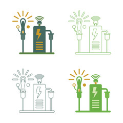 Set of four stylized illustrations of an electric vehicle charging station with lightbulbs and wifi symbols