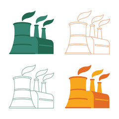 Four stylized illustrations of industrial factory buildings with smoke stacks emitting green and orange leaves representing clean energy