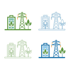 Set of four stylized illustrations depicting renewable energy concepts with batteries and power lines
