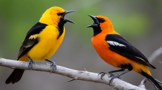 Two vibrant birds, one bright yellow and the other striking orange, perch on a branch, singing to each other in a lively exchange, surrounded by greenery