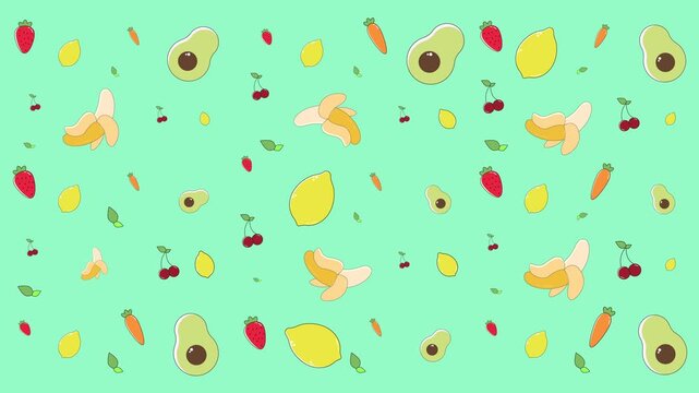 Seamless tropical fruit pattern vector with avocado, banana, and cherry on light green background. Flat colorful design for summer, food, and nature themes.