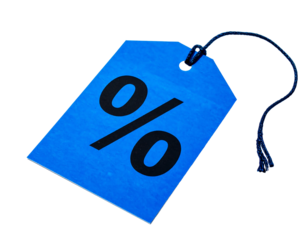 Bright blue tag with a black percentage symbol on a dark background