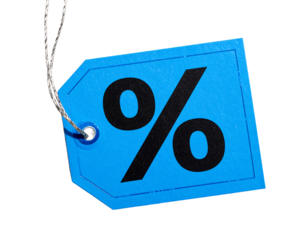 Bright blue price tag with a large black percentage symbol