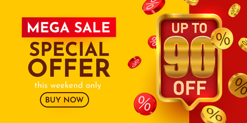 Mega Sale Special Offer banner with up to 90 discount. Perfect for marketing and promotion. Vector illustration.
