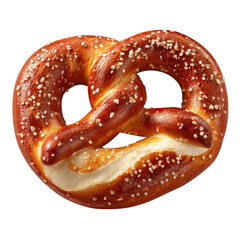 Close-up of a pretzel, golden brown, sprinkled with salt