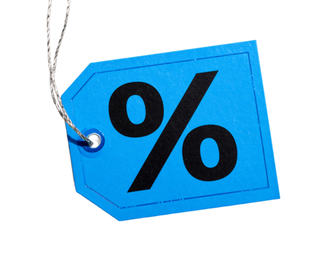Bright blue price tag with a large black percentage symbol