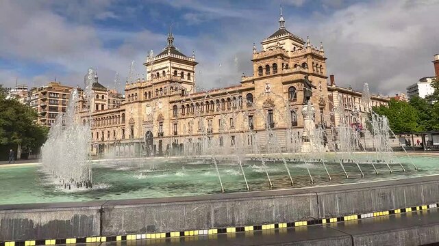 Academia de Caballeria and fountain at Plaza de Zorrilla in Valladolid, Spain