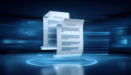 Futuristic digital document transfer concept with glowing data streams and floating paperwork conveying secure fast file exchange and efficiency