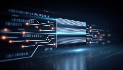Digital card with glowing circuitry and binary code, futuristic electronic data transfer, sleek metallic panel evoking speed and secure network