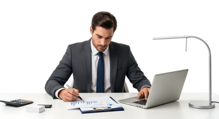 Businessman working at desk with laptop and papers isolated on transparent background