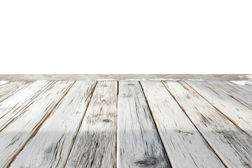 Close-up view of a light gray, distressed wooden plank floor.  The planks are horizontal and run the length of the image.  A dark background is behind the wood