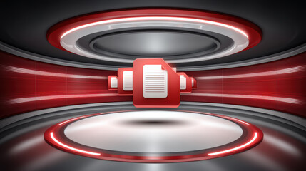 Red document icon futuristic circular studio with glowing lights and reflective floor, modern technology concept showcasing digital file transfer