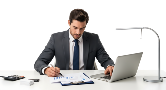 Businessman working at desk with laptop and papers isolated on transparent background