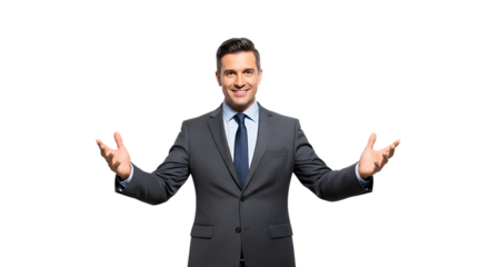 Smiling businessman in a suit, arms open, isolated on transparent background