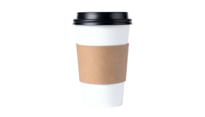 A white paper coffee cup with a black lid and a brown cardboard sleeve, isolated