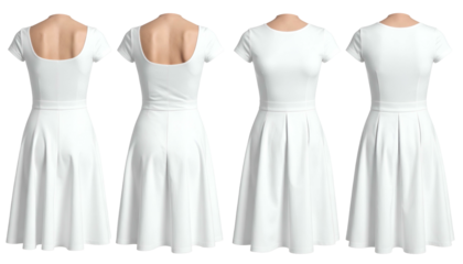 Four views of a white dress, front and back, showing neckline variations