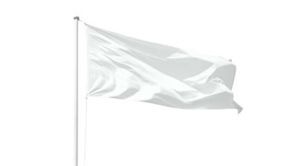 A white flag waves on a pole against a black background, its fabric sculpted by the wind