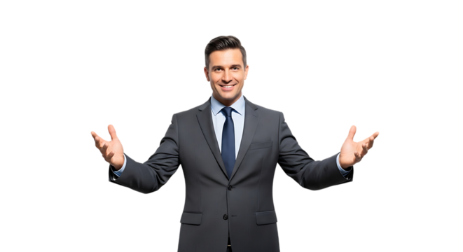 Smiling businessman in a suit, arms open, isolated on transparent background