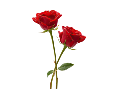 Two vibrant red roses, close-up, on a black background.  The roses are in focus, with deep crimson petals and visible details.  Stems and small leaves are also visible