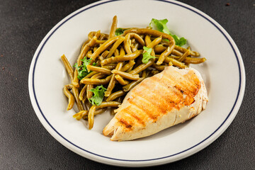 Chicken breast and green beans grilled chicken meat natural product tasty snack fresh delicious gourmet food background on the table rustic top view copy space keto and paleo diet