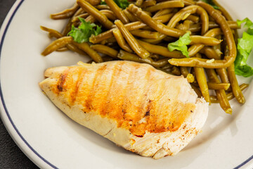 Chicken breast and green beans grilled chicken meat natural product tasty snack fresh delicious gourmet food background on the table rustic top view copy space keto and paleo diet