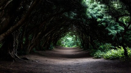 Obraz premium A natural tunnel formed by ancient overgrown trees arching over a winding dirt path in a dense shaded forest