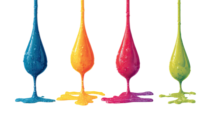 Four dripping colored liquids in a row.  Vibrant blobs of  blue, orange, pink/red, and green viscous fluids cascade downward against a black background.  Pixelated effect